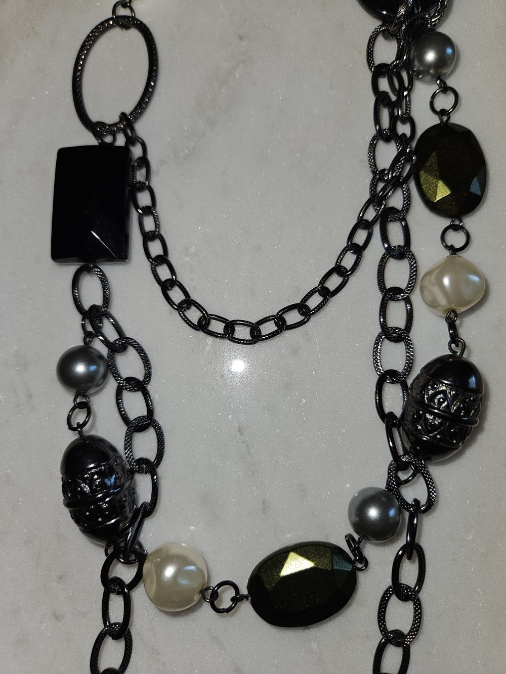 Multi-Strand Black Chain Necklace with Pearlescent and Faceted Beads